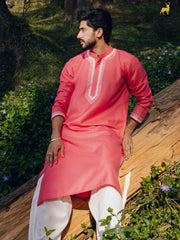 Coral Pink Silk Blend Kurta with Geometric Embroidery