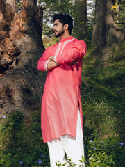 Coral Pink Silk Blend Kurta with Geometric Embroidery