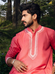 Coral Pink Silk Blend Kurta with Geometric Embroidery
