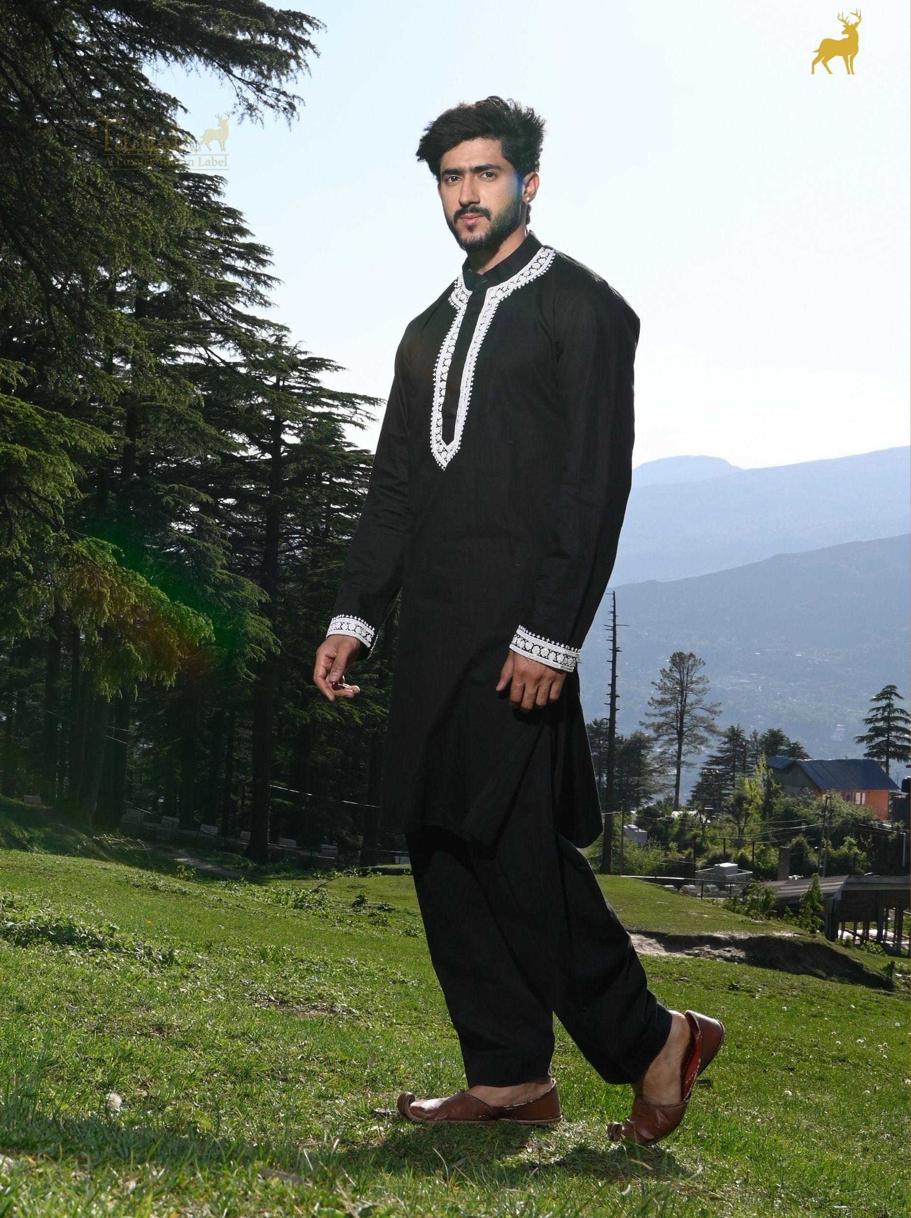 Men's Black Embroidered Kurta Set