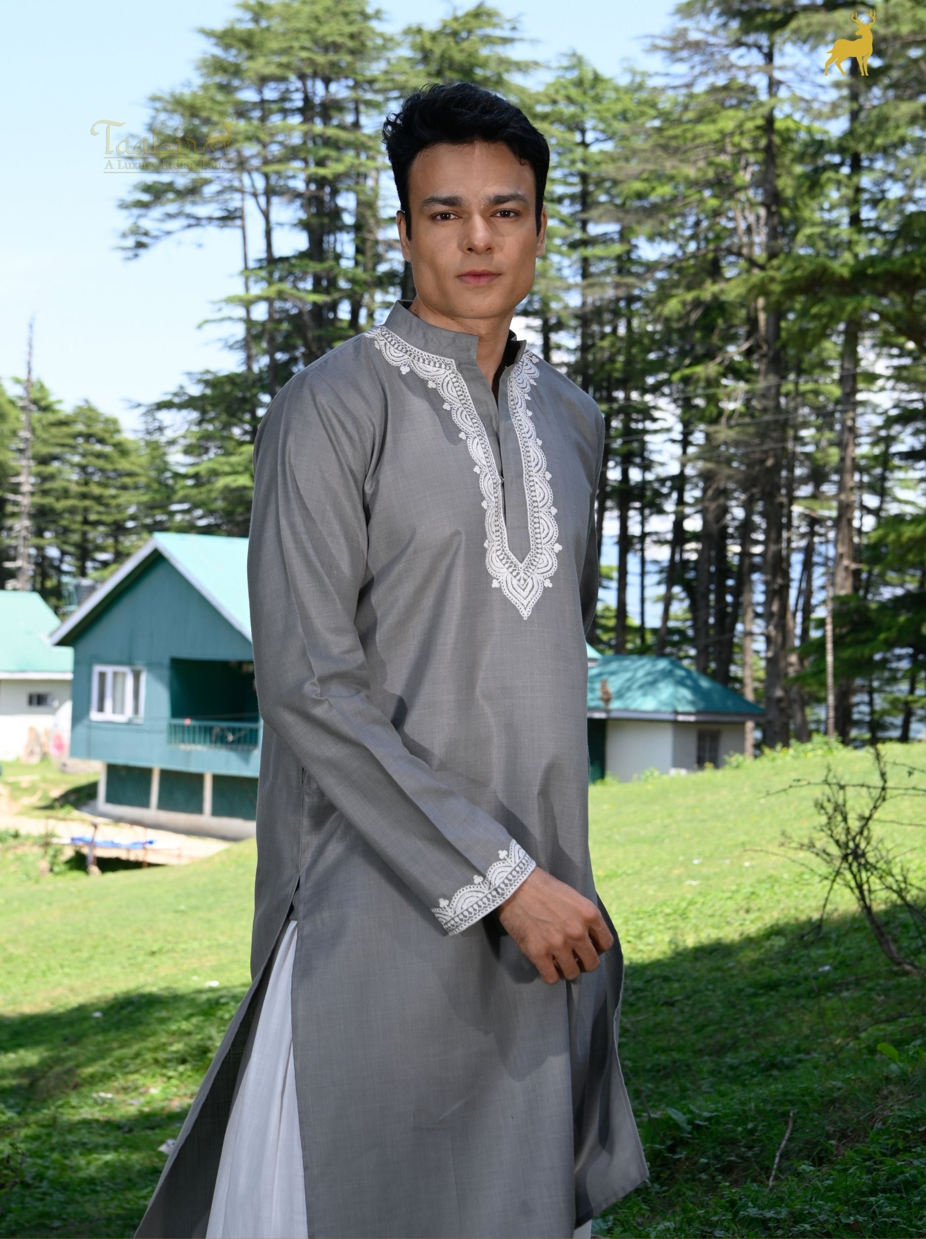 Ash Grey Embroidered Men’s Kurta