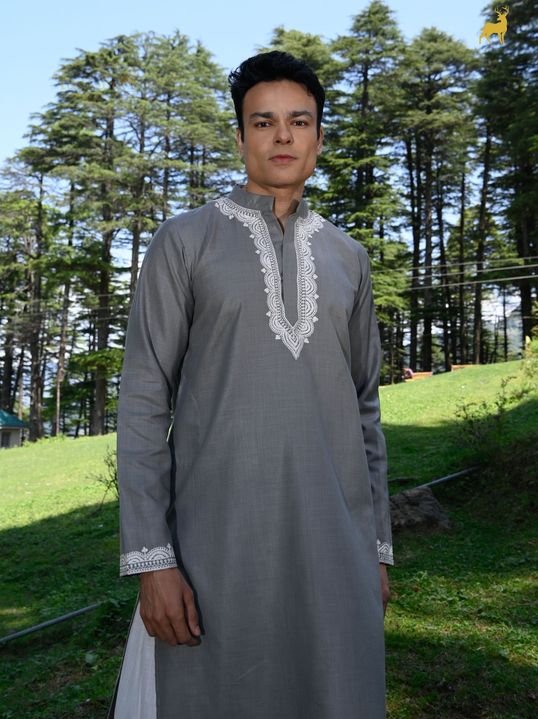 Ash Grey Embroidered Men’s Kurta