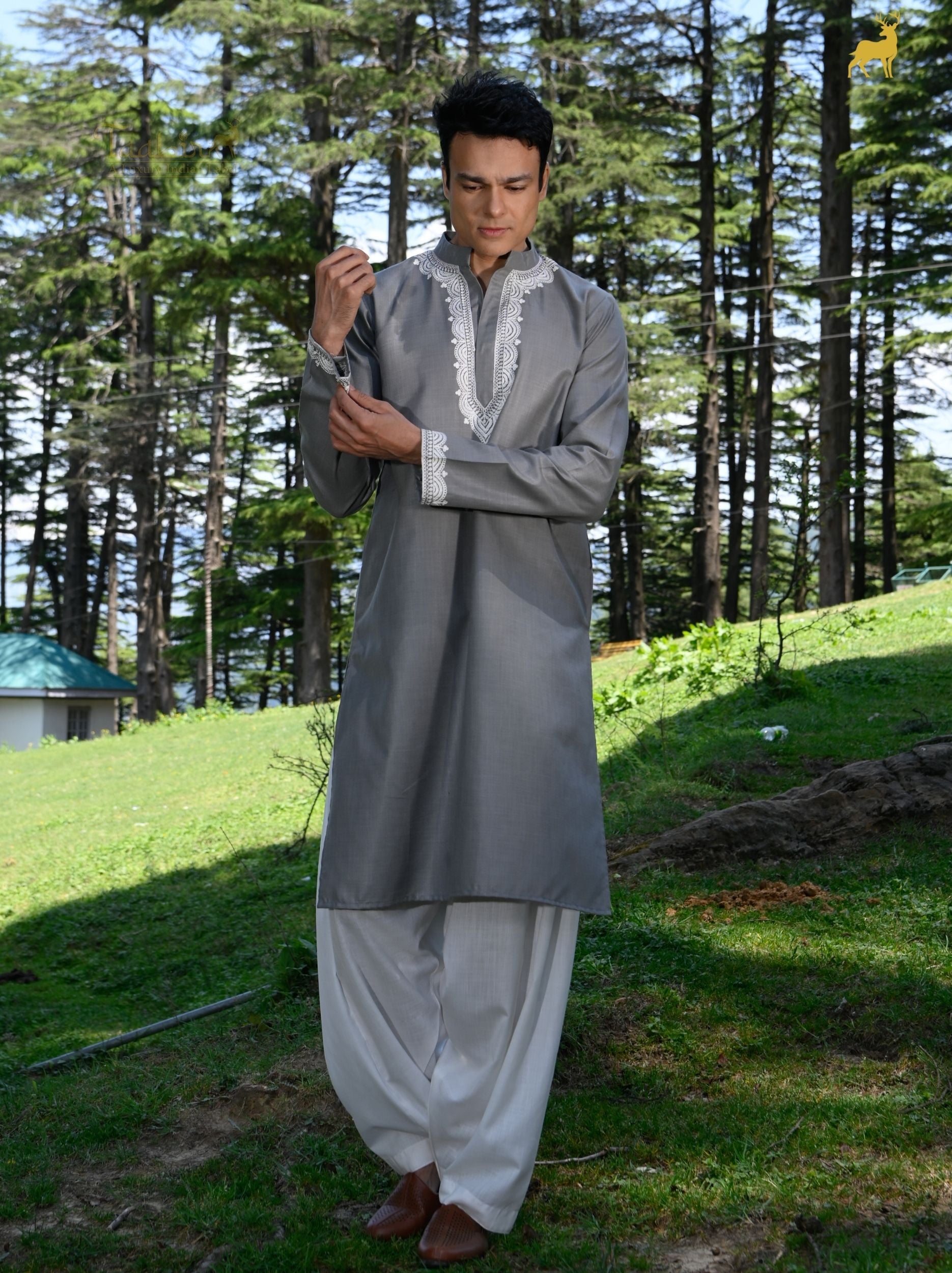 Ash Grey Embroidered Men’s Kurta