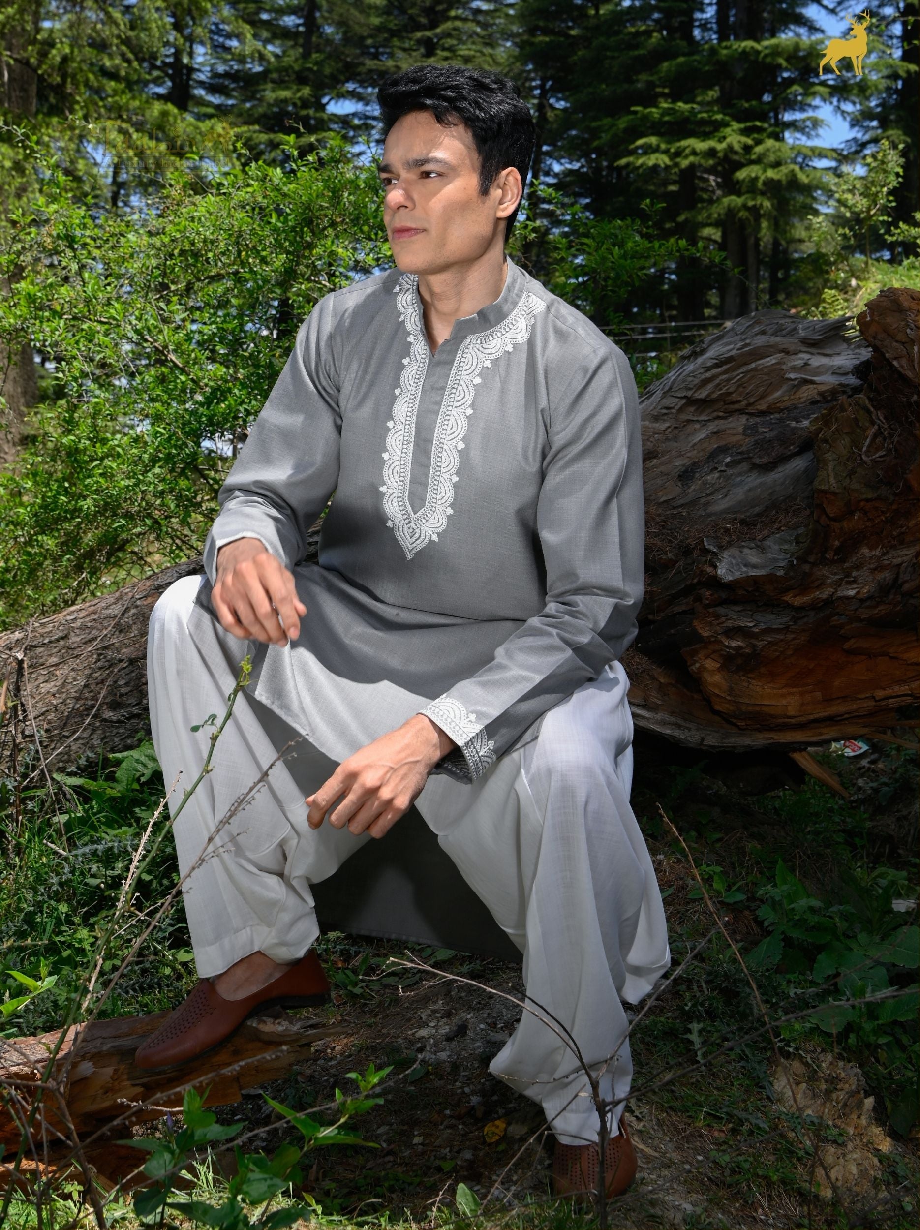 Ash Grey Embroidered Men’s Kurta