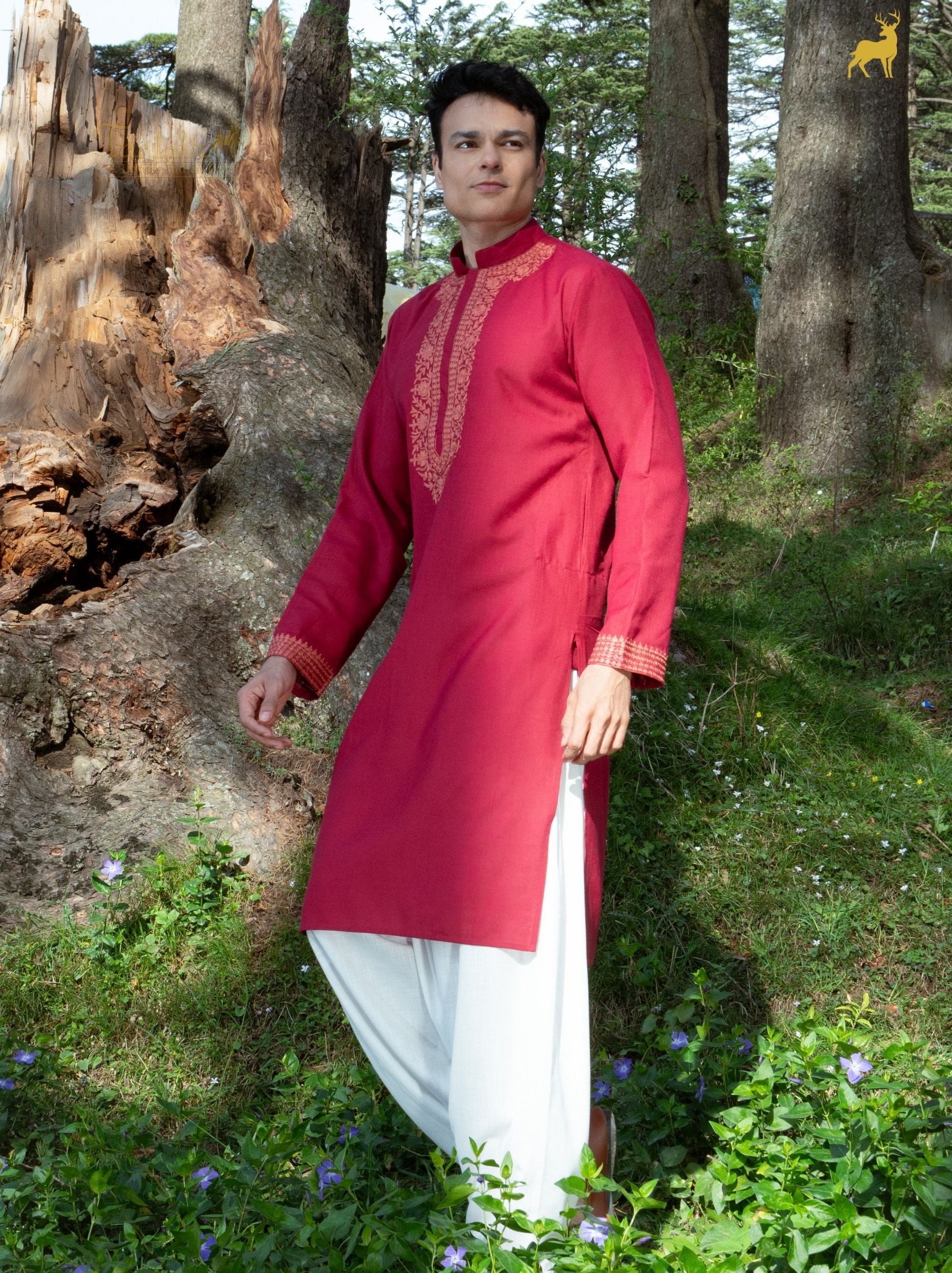 Burgundy Silk Blend Embroidered Kurta with Tapered Salwar