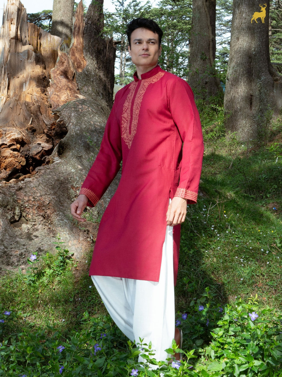 Burgundy Silk Blend Embroidered Kurta with Tapered Salwar