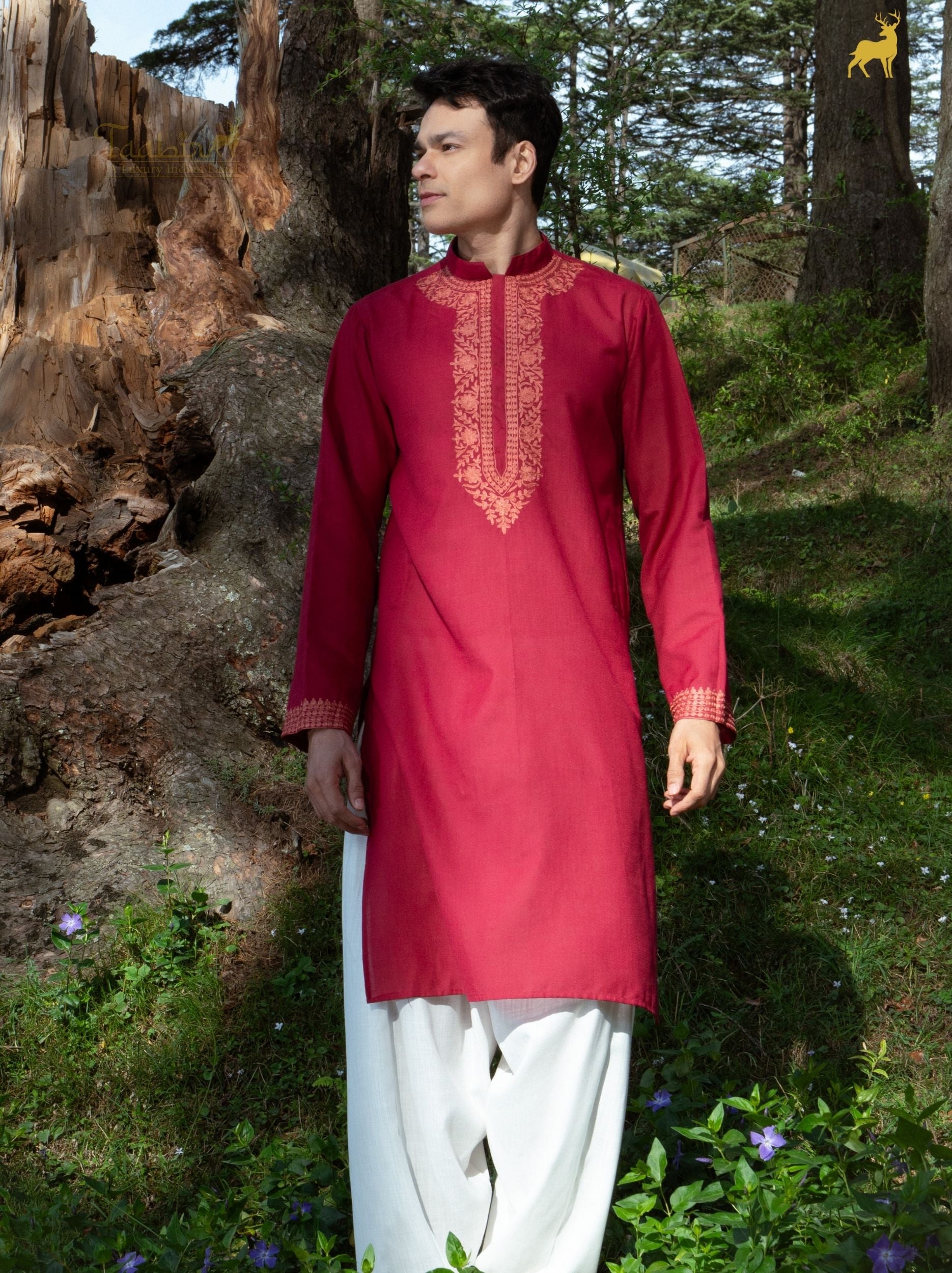 Burgundy Silk Blend Embroidered Kurta with Tapered Salwar