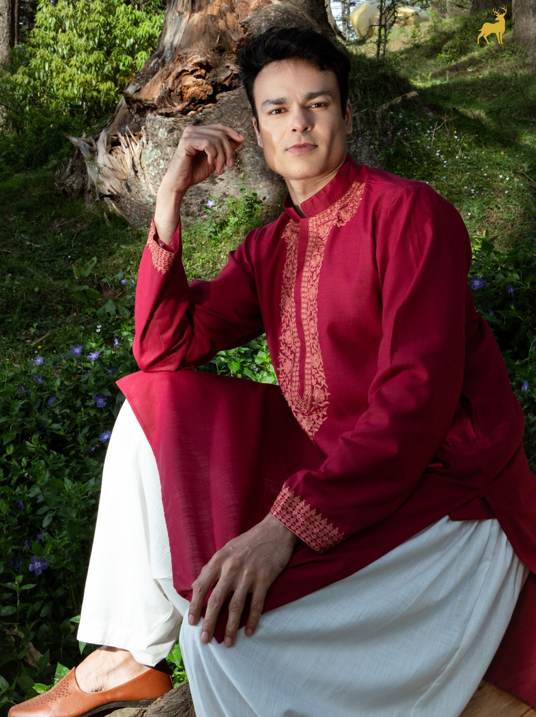 Burgundy Silk Blend Embroidered Kurta with Tapered Salwar