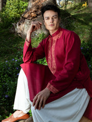 Burgundy Silk Blend Embroidered Kurta with Tapered Salwar