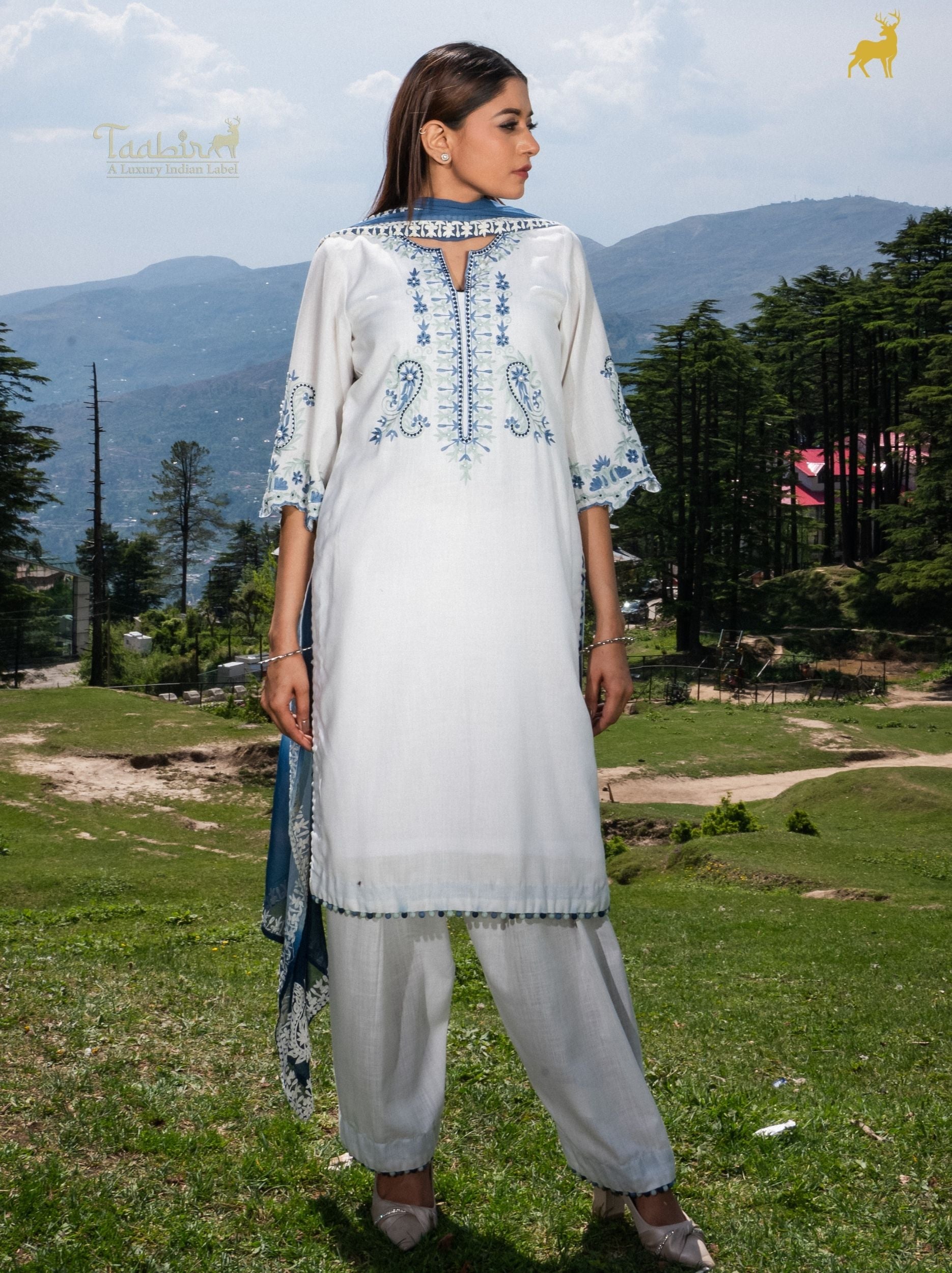 Ivory & Cerulean Embroidered Cotton Silk Suit Set