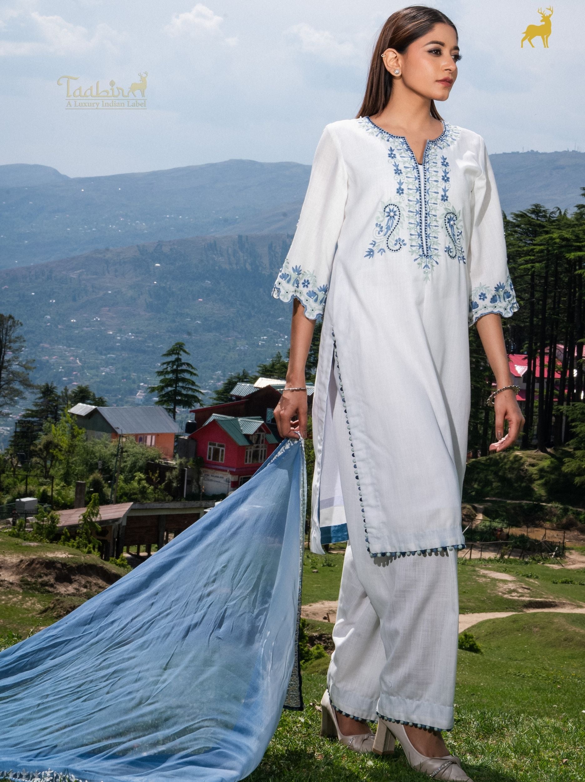Ivory & Cerulean Embroidered Cotton Silk Suit Set