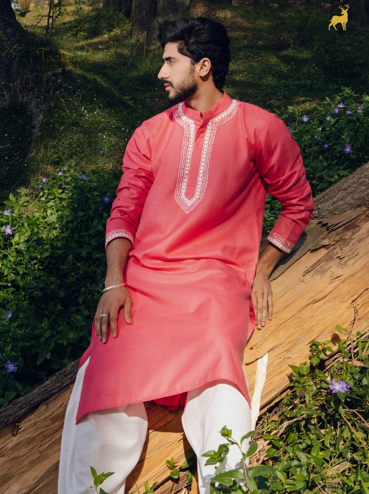 Coral Pink Silk Blend Kurta with Geometric Embroidery