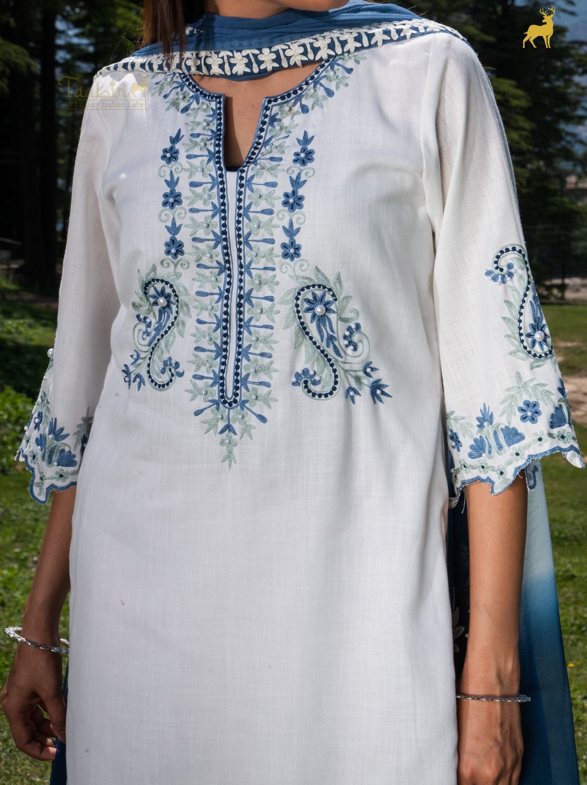 Ivory & Cerulean Embroidered Cotton Silk Suit Set