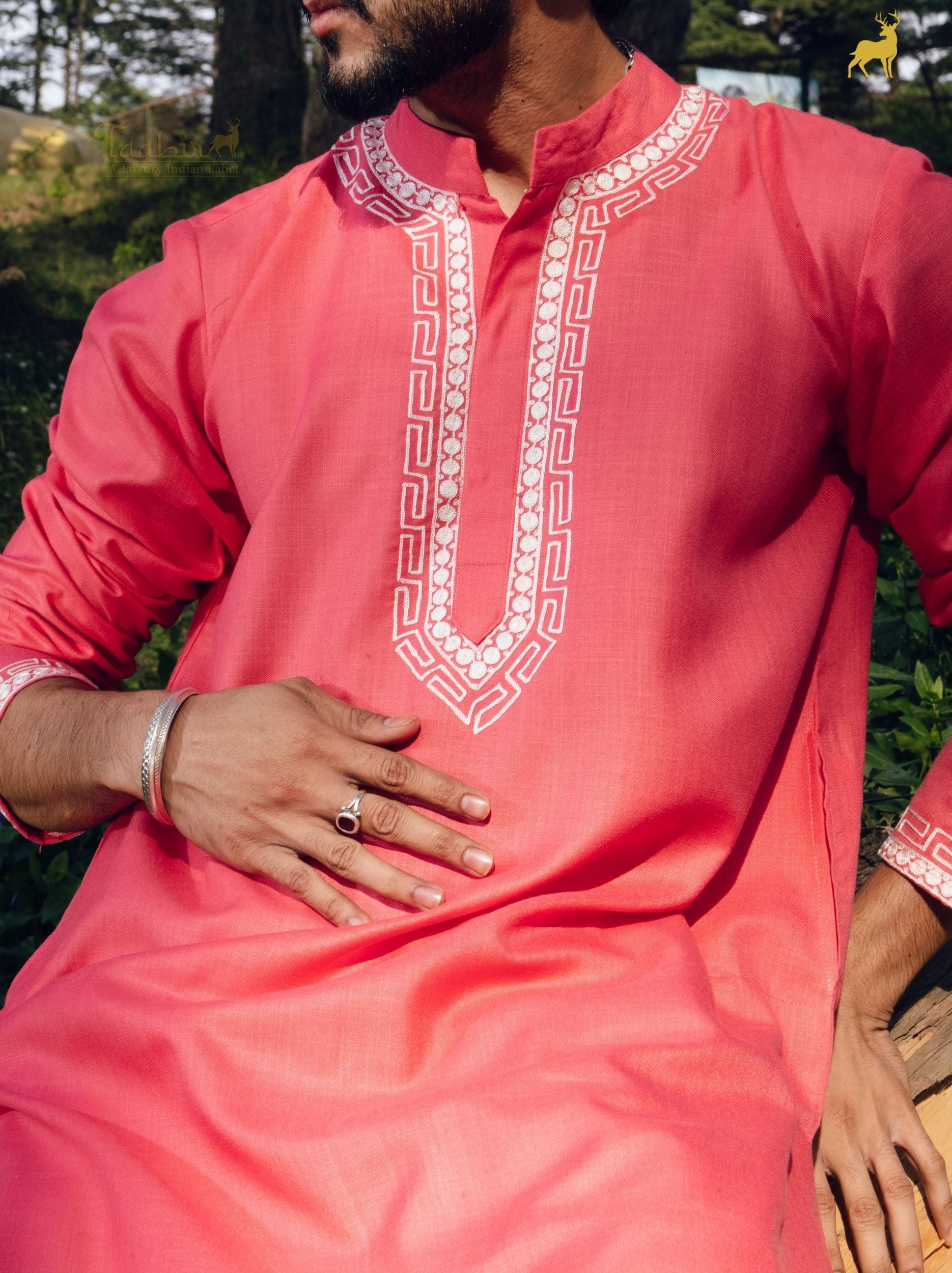 Coral Pink Silk Blend Kurta with Geometric Embroidery