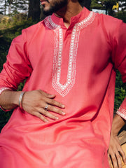 Coral Pink Silk Blend Kurta with Geometric Embroidery
