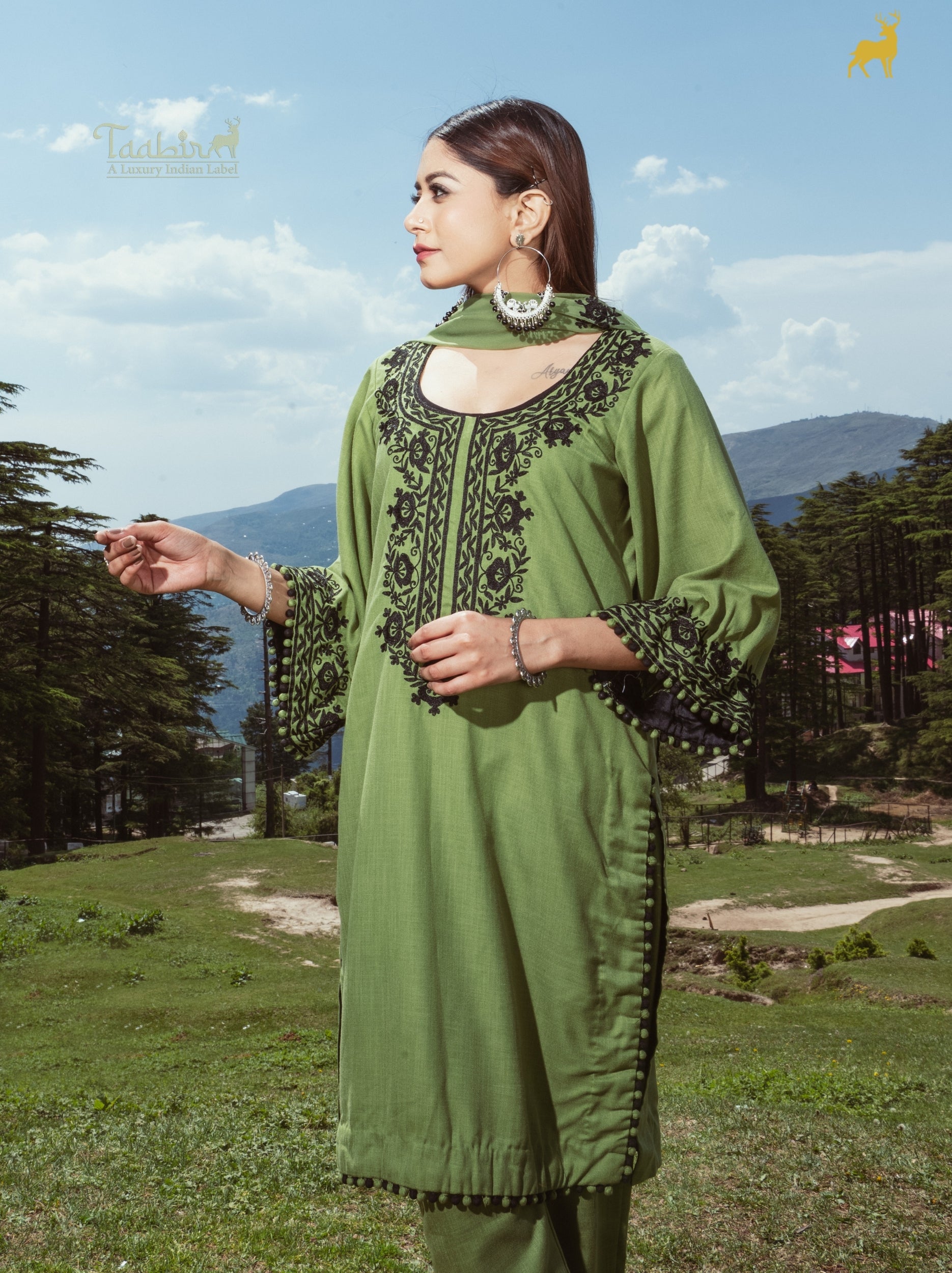 Olive Green Cotton Kurta Set with Black Kashmiri Embroidery & Pom-Pom Lace Detailing