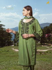 Olive Green Cotton Kurta Set with Black Kashmiri Embroidery & Pom-Pom Lace Detailing