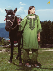 Olive Green Cotton Kurta Set with Black Kashmiri Embroidery & Pom-Pom Lace Detailing