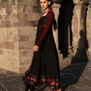 Black & Red Bandhani Anarkali Suit with Mirror Work
