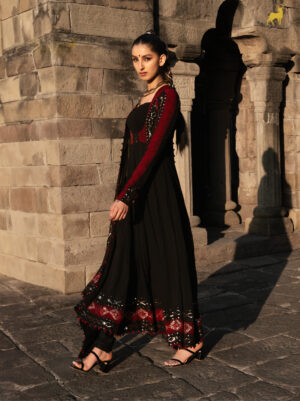 Black & Red Bandhani Anarkali Suit with Mirror Work