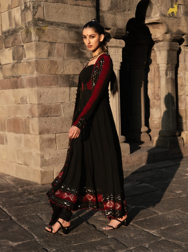 Black & Red Bandhani Anarkali Suit with Mirror Work