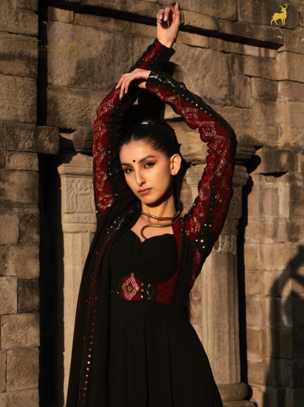 Black & Red Bandhani Anarkali Suit with Mirror Work