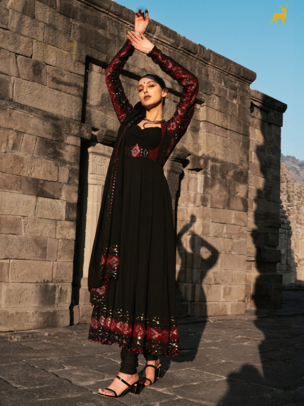Black & Red Bandhani Anarkali Suit with Mirror Work