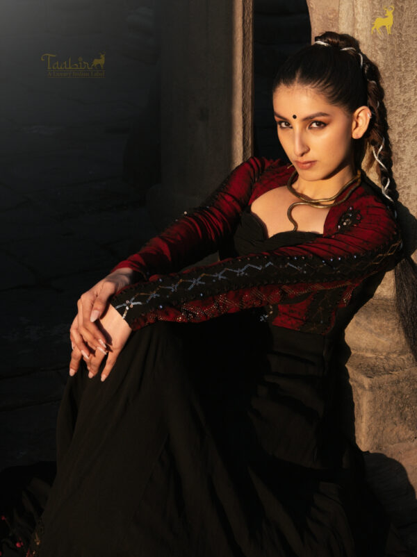 Black & Red Bandhani Anarkali Suit with Mirror Work