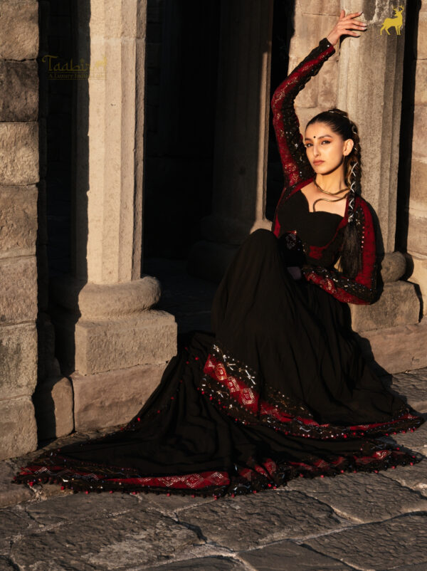 Black & Red Bandhani Anarkali Suit with Mirror Work