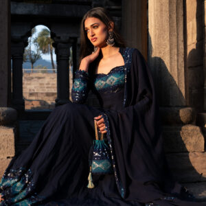 Designer Blue Bandhani Anarkali Suit with Mirror Work