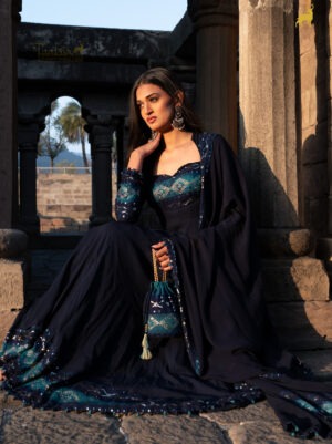 Designer Blue Bandhani Anarkali Suit with Mirror Work