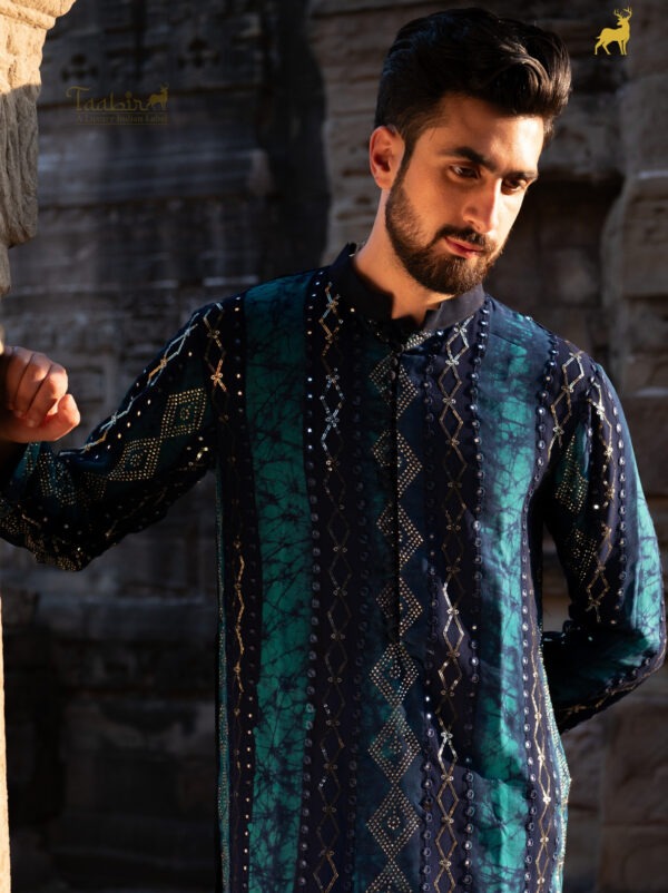 Designer Blue Bandhani Kurta Pajama Set with Mirror Work