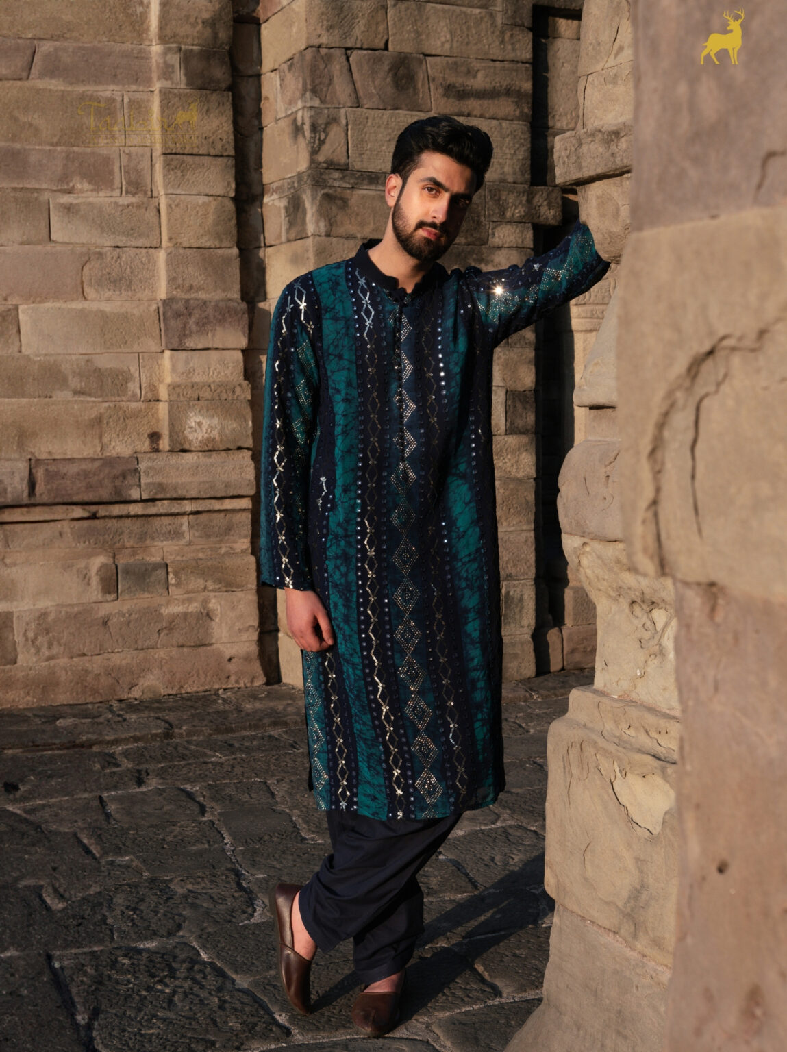 Designer Blue Bandhani Kurta Pajama Set with Mirror Work