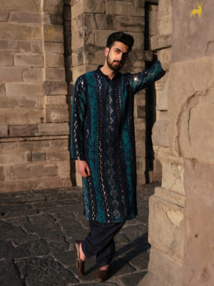 Designer Blue Bandhani Kurta Pajama Set with Mirror Work