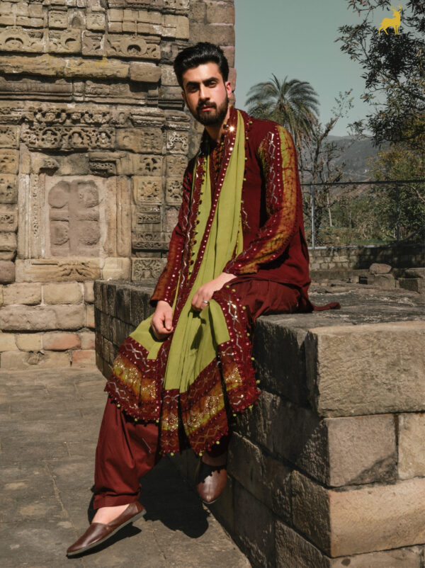 Mehendi Green & Rust Brown Bandhani Kurta Set with Dupatta
