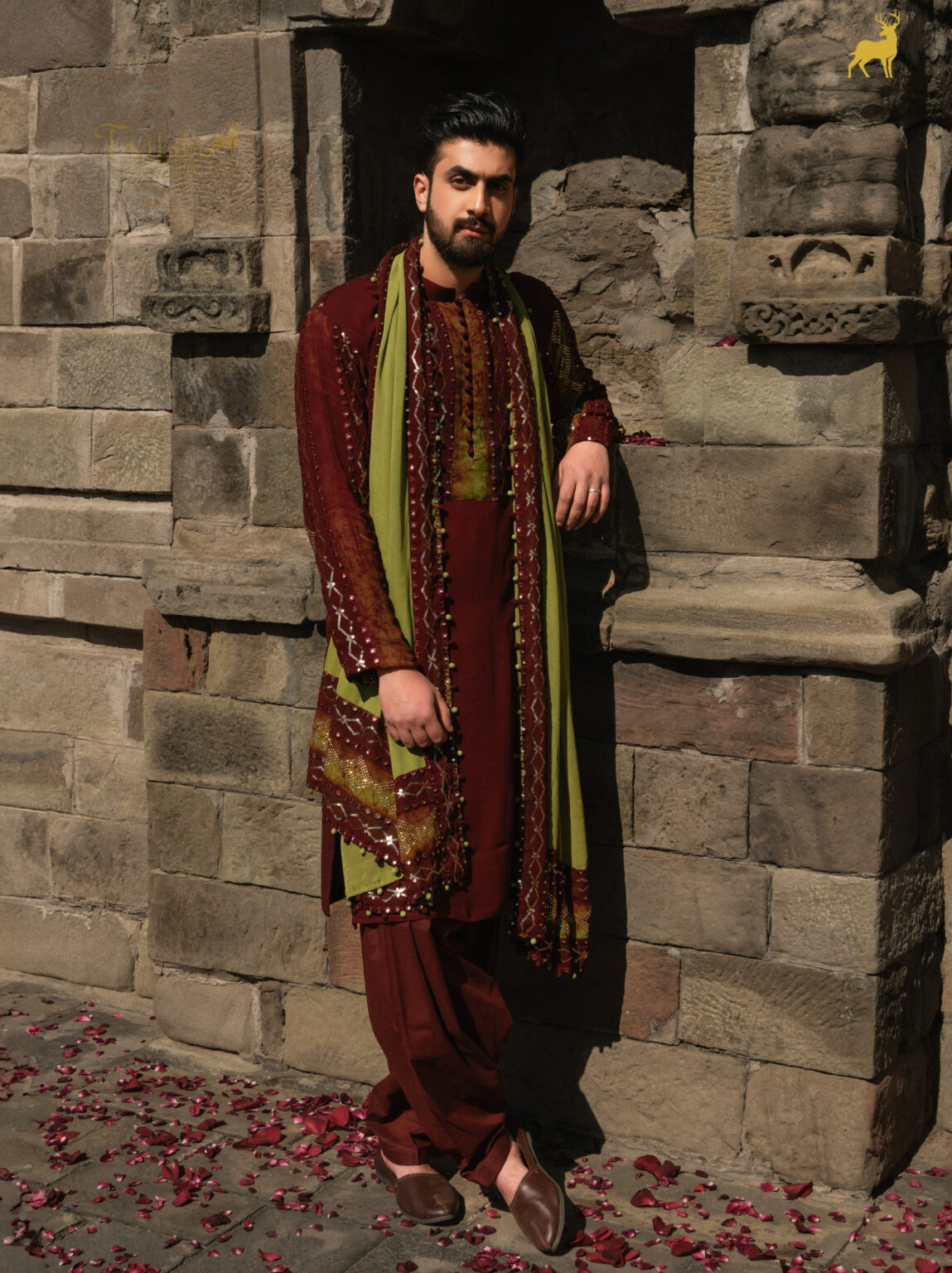 Mehendi Green & Rust Brown Bandhani Kurta Set with Dupatta