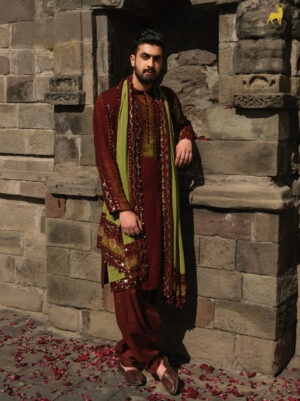 Mehendi Green & Rust Brown Bandhani Kurta Set with Dupatta