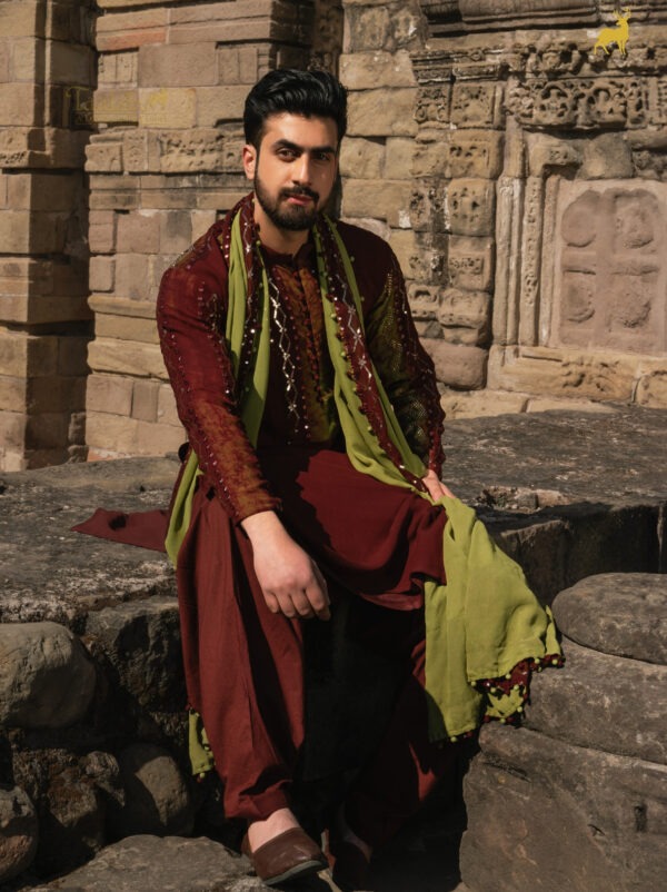 Mehendi Green & Rust Brown Bandhani Kurta Set with Dupatta