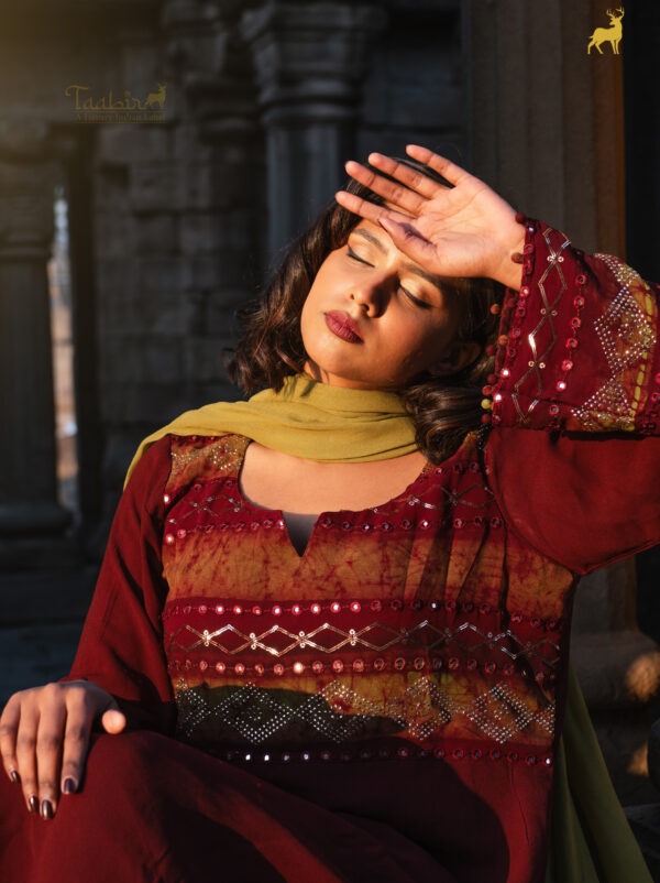 Mehendi Green & Rust Brown Bandhani Valima Suit with Dupatta
