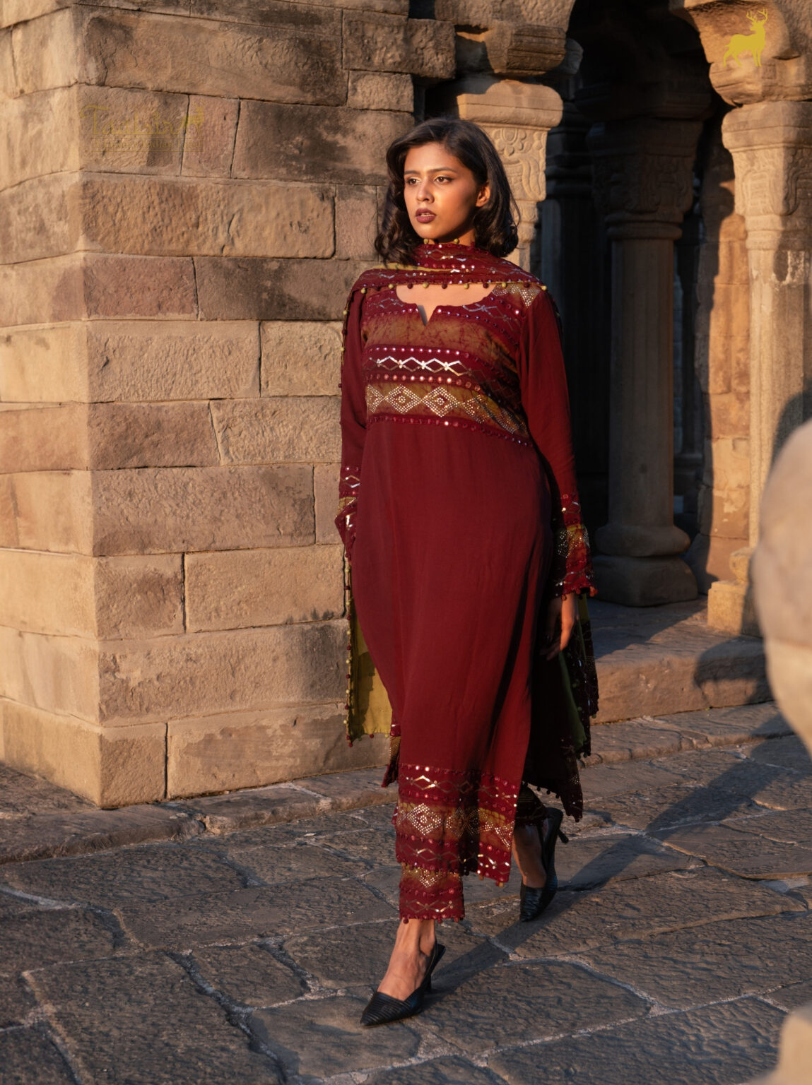 Mehendi Green & Rust Brown Bandhani Valima Suit with Dupatta