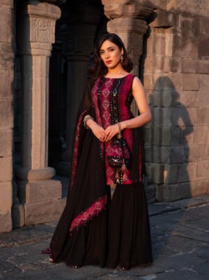 Pink & Black Bandhani Sharara Set with Mirror Work