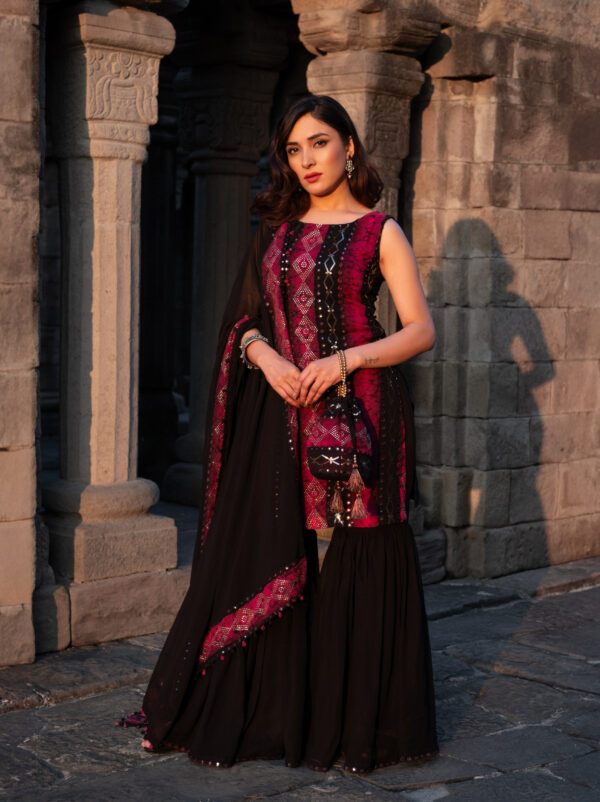 Pink & Black Bandhani Sharara Set with Mirror Work