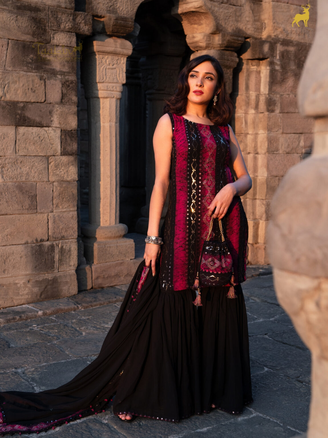 Pink & Black Bandhani Sharara Set with Mirror Work (2)