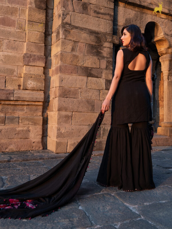 Pink & Black Bandhani Sharara Set with Mirror Work