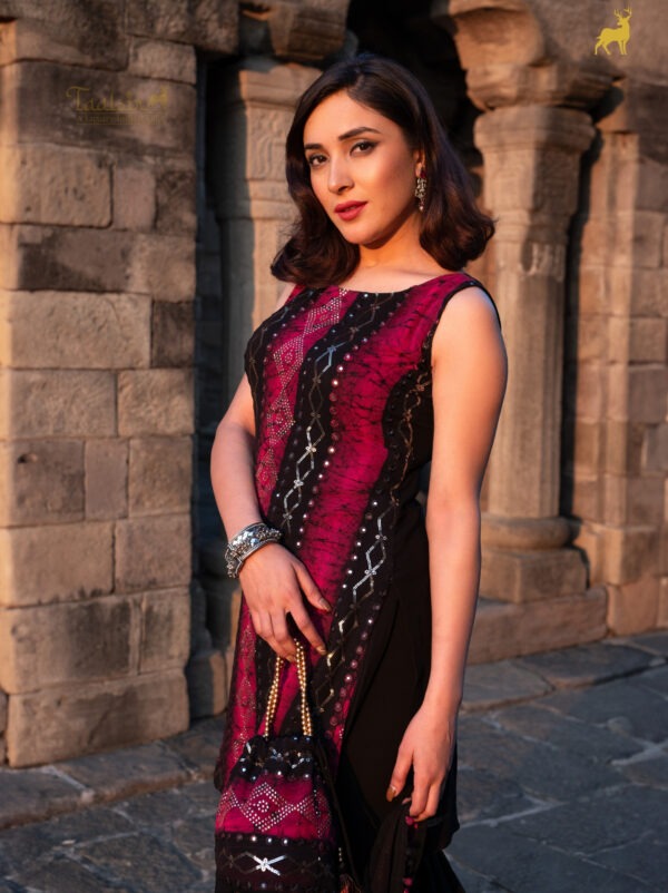 Pink & Black Bandhani Sharara Set with Mirror Work