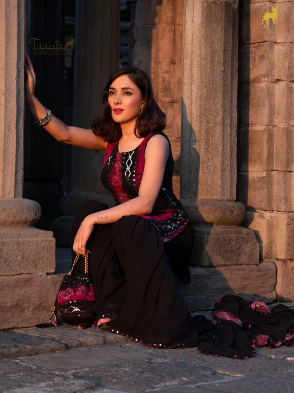 Pink & Black Bandhani Sharara Set with Mirror Work