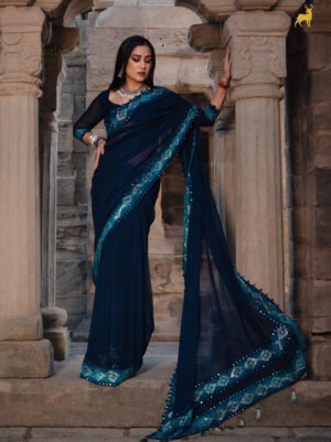 Royal Blue Bandhani Bandhej Saree with Mirror Work