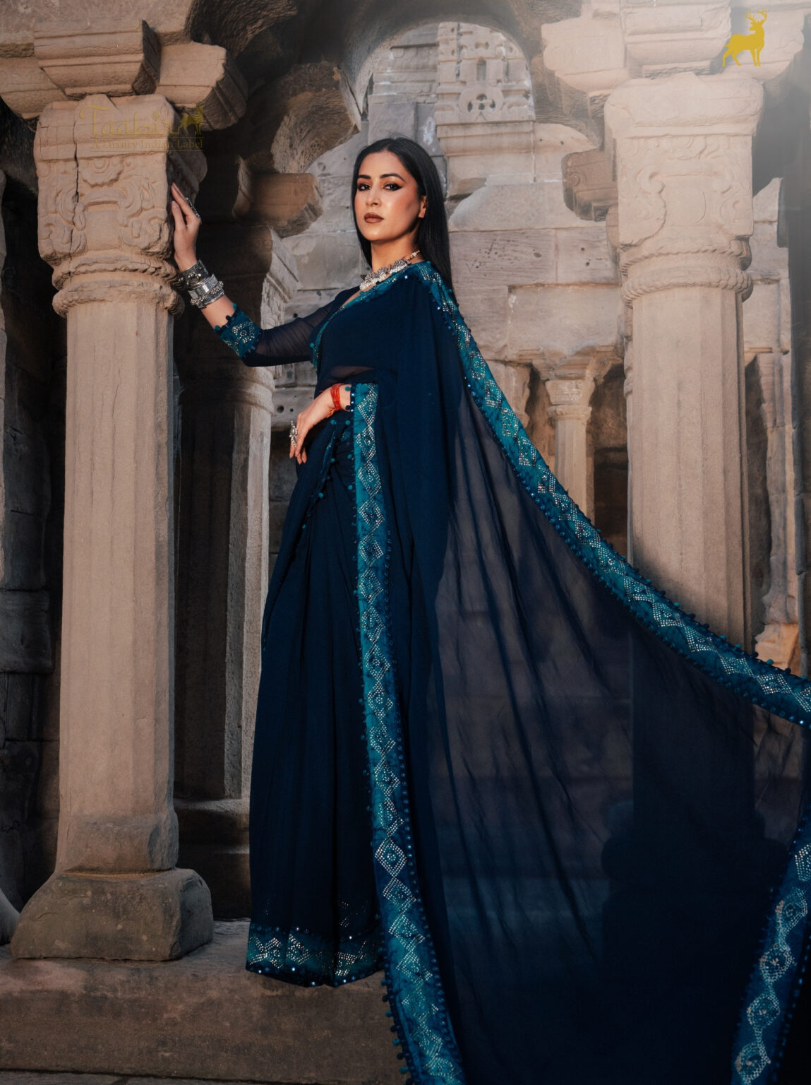 Royal Blue Bandhani Bandhej Saree with Mirror Work (2)