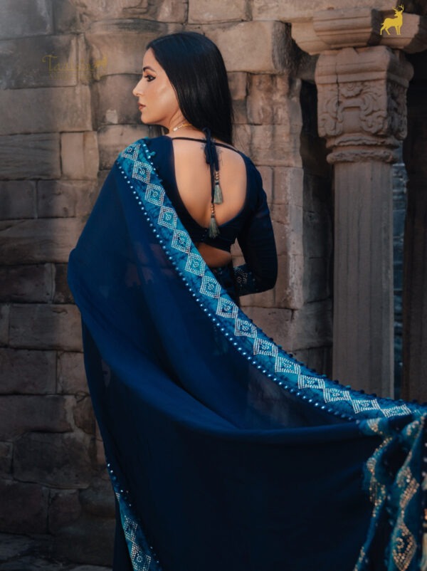 Royal Blue Bandhani Bandhej Saree with Mirror Work