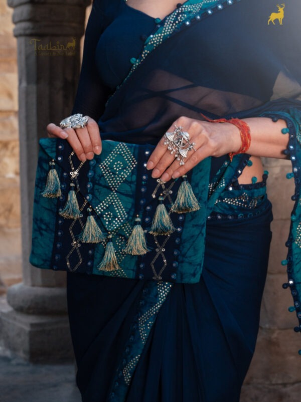 Royal Blue Bandhani Bandhej Saree with Mirror Work